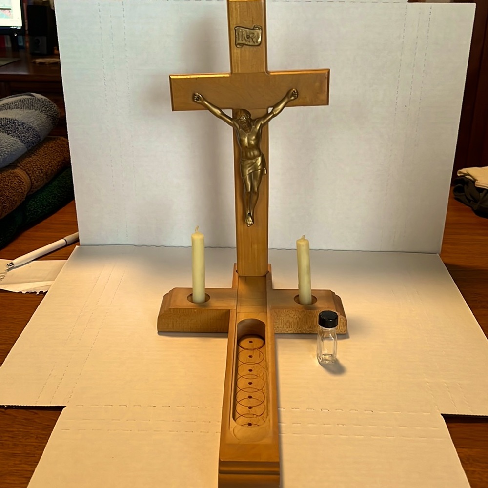 Wooden Last Rights Crucifix with Holy Water Bottle and Candles